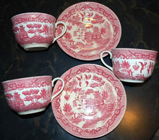 RARE Vtg Set PINK WILLOW 3 Flat Cups/2 Saucers JAPAN Fine Quality ASIAN 1930s