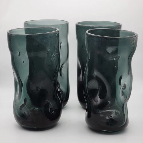 Set Of 4 Vintage Blenko Charcoal 418-L Pinched Glass Cups (READ)