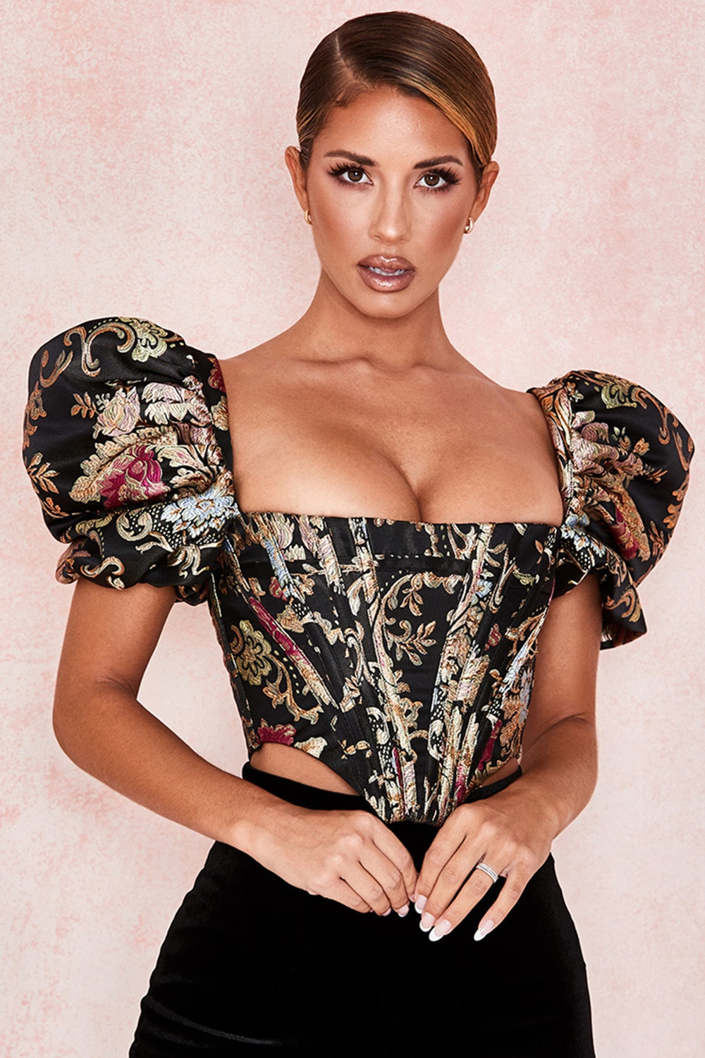 House of CB Isabella Top Womens XS Black Floral Multi Brocade Jacquard Bustier