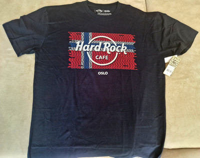 HRC Hard Rock Cafe Oslo  Navy Blue Repeat Flag T Tee Shirt Size XL NEW OVP