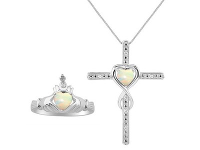 Rylos 14K White Gold Opal & Diamond Claddah Ring & Cross Necklace Sz 5-34