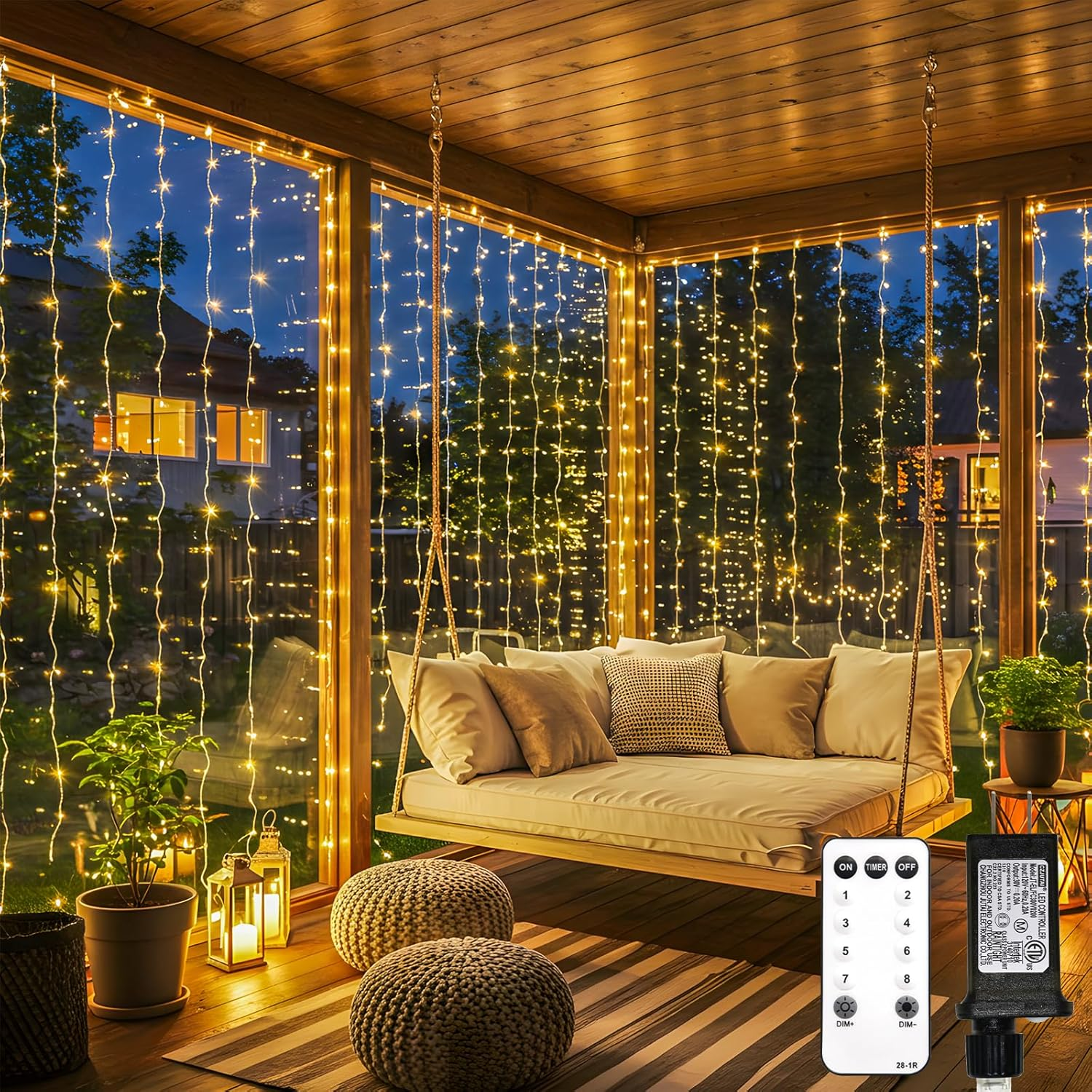 900 LED Warm White Curtain String Lights Remote