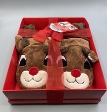 Rudolph The Red Nose Reindeer Slippers Head antlers Nose Gift Set Adult 7-8 NEW