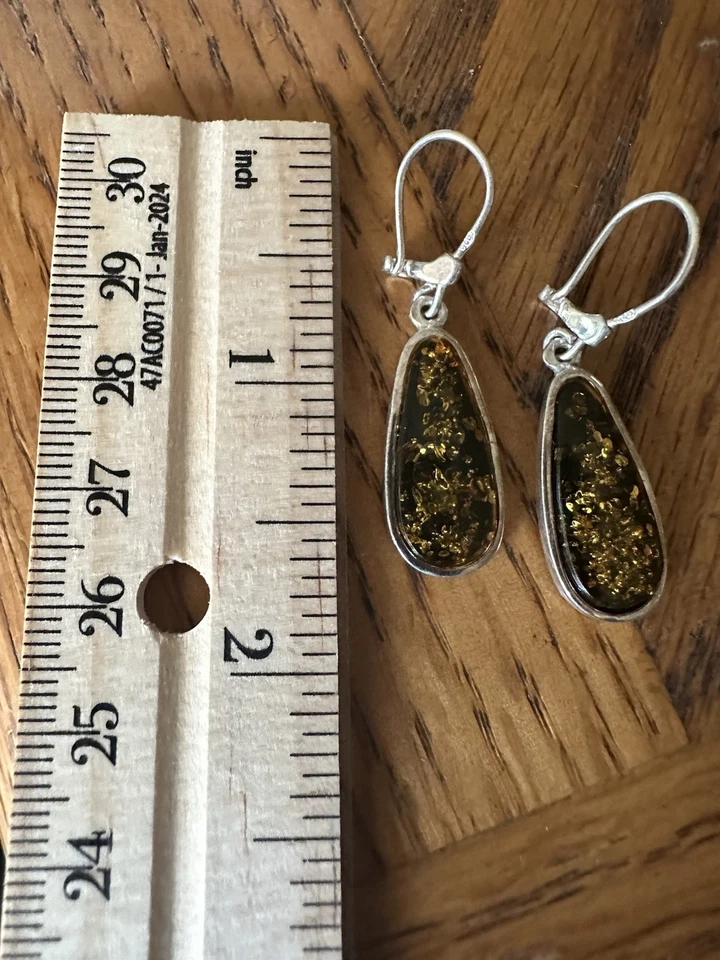 925 Sterling Silver Baltic Amber Teardrop Dangle Earrings5.28g Leverback Natural - Image 3 of 4