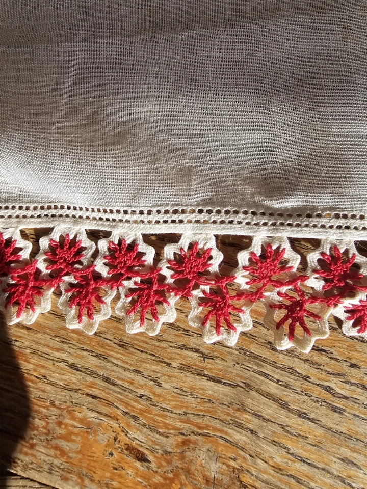 Vintage Linen Handkerchief W Hand-crocheted Border In Red And White, ~13"×13" - Image 3 of 4