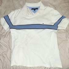 Tommy Hilfiger White Blue Short Sleeve Polo Shirt M 100 Cotton Striped
