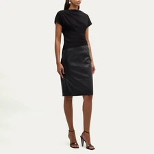 Teri Jon by Rickie Freeman Pleated Crepe Vegan Leather Dress Black Size 14 NWT