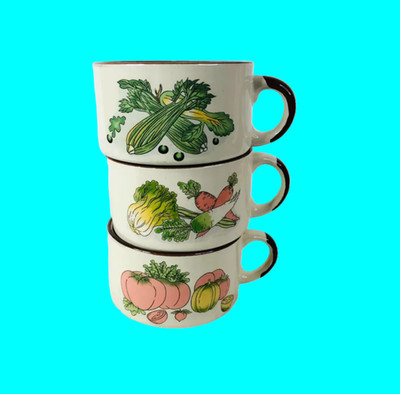 3er Set Retro 70er Suppentassen Schalen Garten Gemüse Motiv brauner Rand Esso/Shel