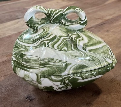 Vintage Pottery Egg W/ Bow Shaped Trinket Box Green & White Marbled