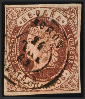 Andalucía. Filatelia. º USADO 58. 1862. 4 cuartos castaño. Matasello MORON / SE