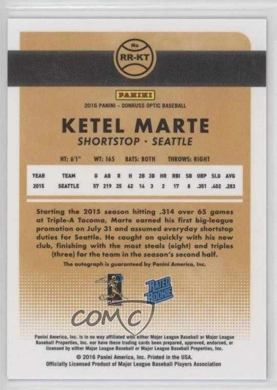 2016 Panini Donruss Optic Rated Rookies Signatures Ketel Marte #RR-KT Auto RC - Image 2 of 2