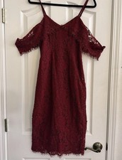 Boohoo Jess Burgundy Lace Cold Shoulder Midi Dress US 4 Bodycon Cocktail