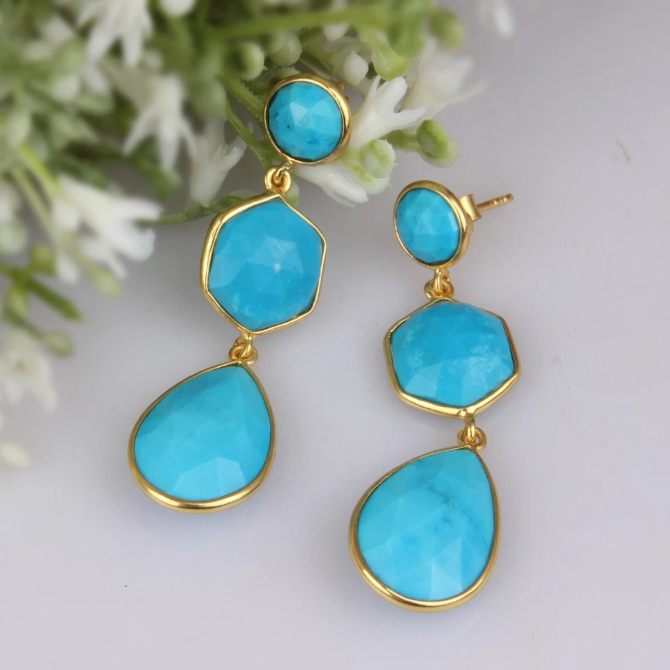 Pendientes colgantes de diseñador enchapados en oro de plata de ley 925 con piedras preciosas turquesa Foto 3 de 4