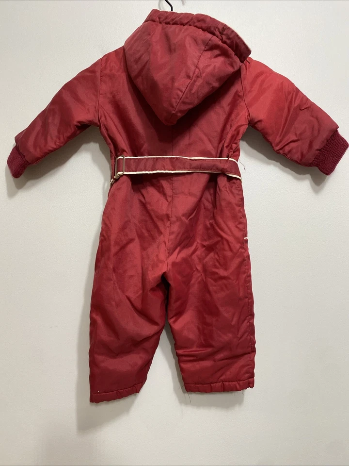 Traje de nieve de invierno vintage Sears para niños pequeños 2T cinturón de una pieza rojo azul con capucha cremallera completa Foto 2 de 4