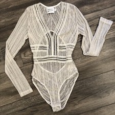 Hello Molly White Lace Sheer Bodysuit Size 6 Medium Long Sleeve V-Neck Line