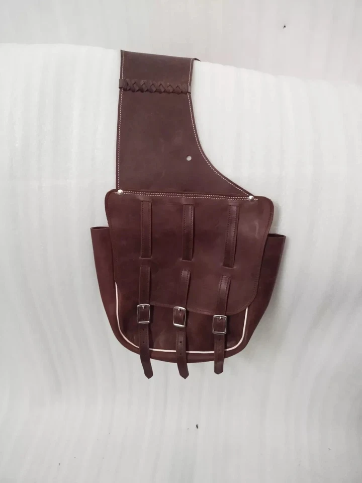 Braune Westernsatteltasche aus Leder mit 3 Riemen & weißen Zippen für Pferd. - Bild 4 von 4
