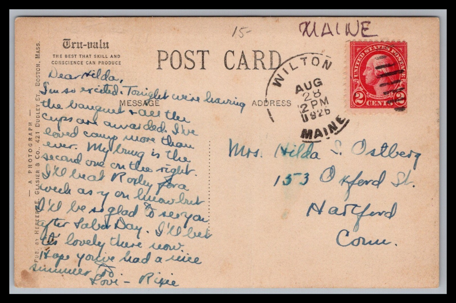 Rppc CAMP KINEOWATHA WILTON MAINE, 1914 Girls Camp, City Park GLASIER