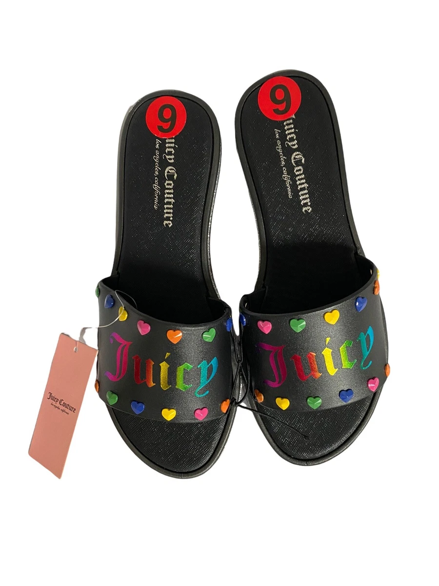 Juicy Couture You Bet Black Rainbow Logo Hearts Slides Sandals Size 6 NWT