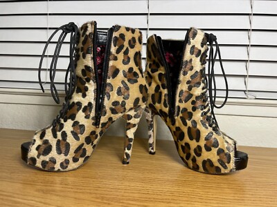 Iron Fist leopard print heels short boots. Open toe. Lace up front
