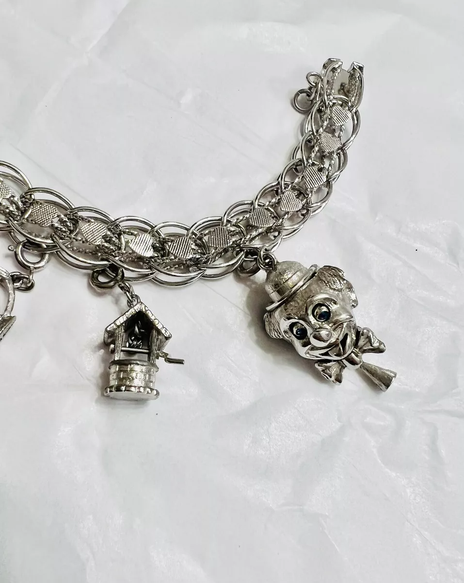 Vintage Double Silver tone Heart Link Monet Charm Bracelet with 6