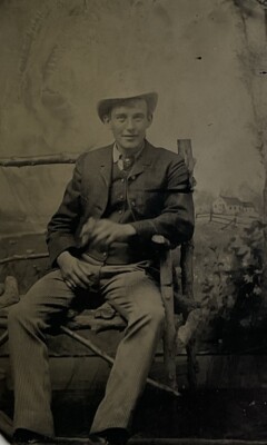 Tintype Photo Man With Humorous Happy Face Sitting In Chair #k