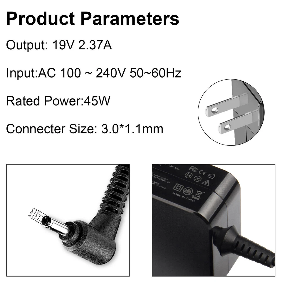 45W 19V 2.37A Laptop Charger AC Adapter For Acer Aspire/Spin 3 SP314-53N 3.0*1.1 - Image 2 of 4