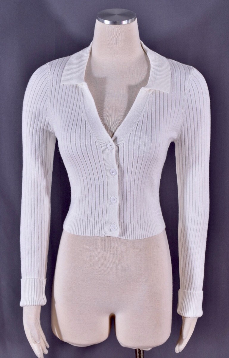 Emory Park Cardigan Top Sweater White Ribbed Knit Buttoned Fitted