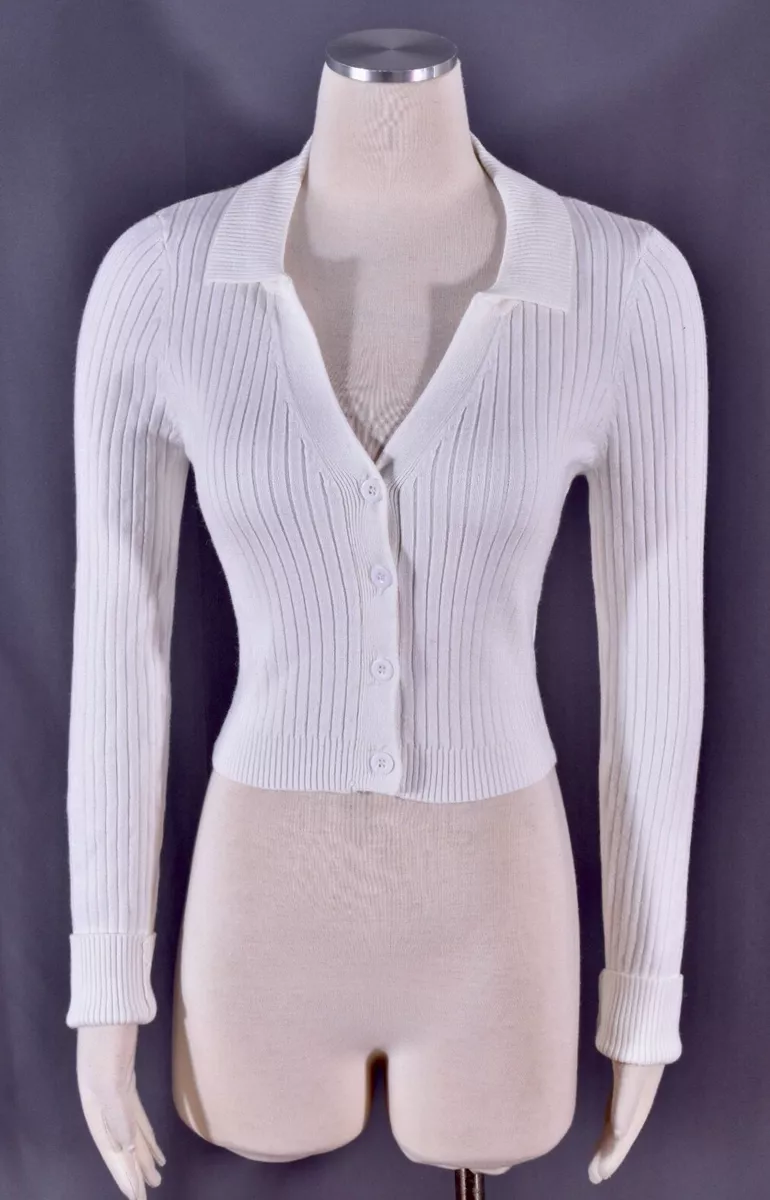 Emory Park Cardigan Top Sweater White Ribbed Knit Buttoned Fitted
