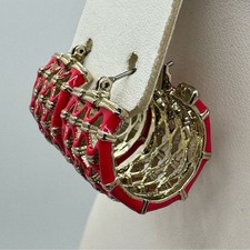 Red Enamel Gold Tone Hoop Earrings Bold Statement