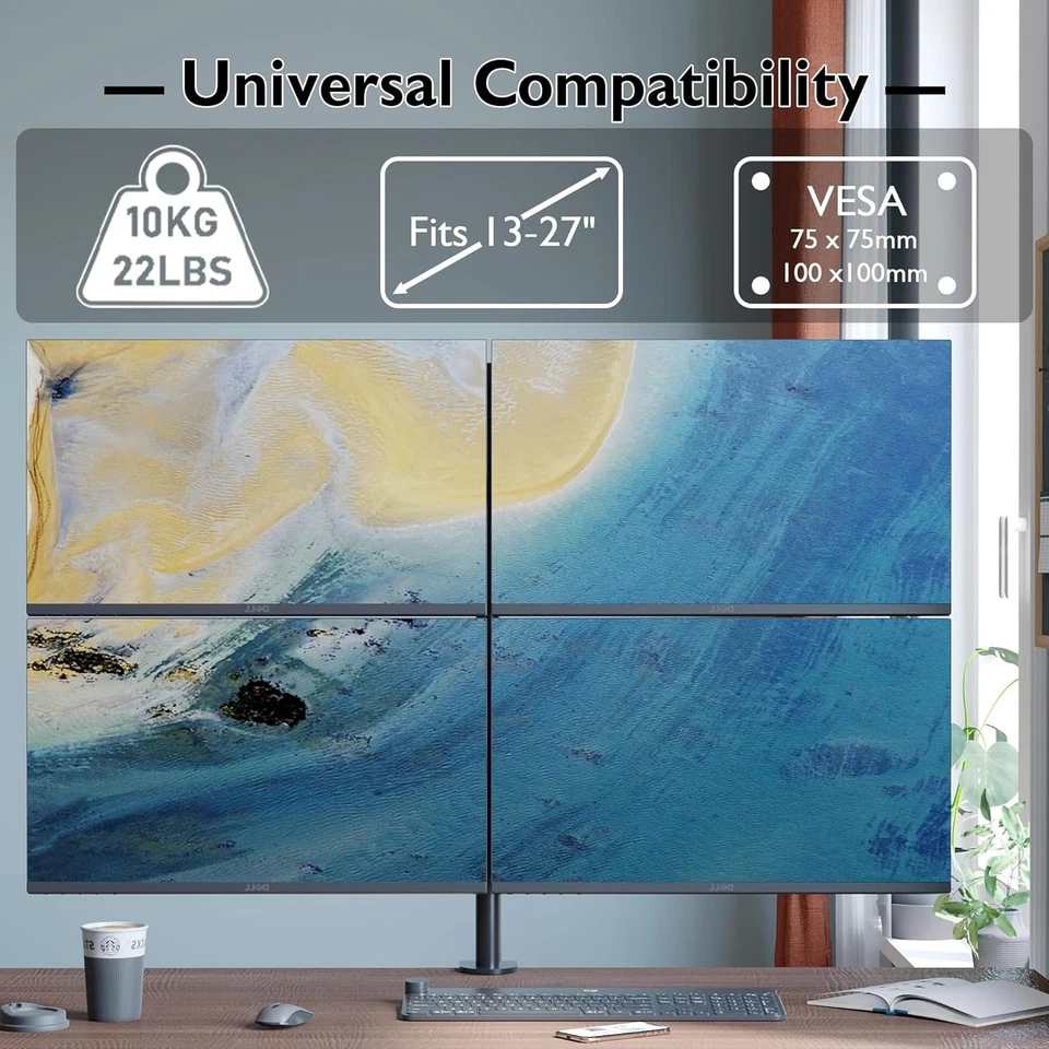 Quad Monitor Stand 13-27" Adjustable Full Motion Arm Mount VESA 75x75 100x100 - Image 4 of 4