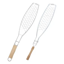 Fish Grilling Basket with Wooden Handle Portable Cooking Tool BBQ Accessories