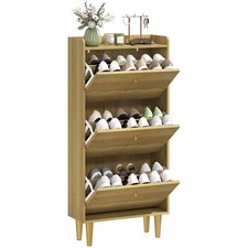 HOMCOM Narrow Shoe Cabinet, Shoe Storage Cabinet with 3 Flip Drawers, Oak