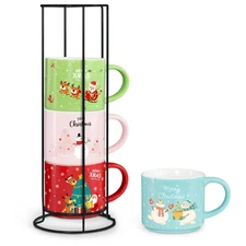 Set of 4 Stackable Christmas Mugs, 15.8 Oz Coffee Mug With Stand, Holiday Hot...
