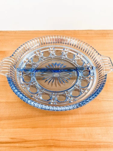 Indiana Glass Mid Century Windsor Blue Button & Cane Divided Relish Dish