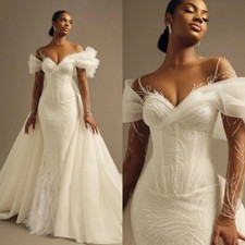 Luxury Mermaid Wedding Dresses O-Neck Detachable Train Satin Feather Bridal Gown