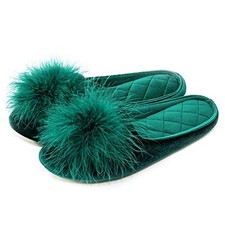 Women's Fuzzy Pom Pom Velvet Memory Foam House Slippers Ladies Cozy 7-8 Green