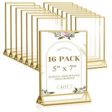 Gold Acrylic Sign Holder 5x7, Double-Sided Display Stand, Clear Picture Frame...