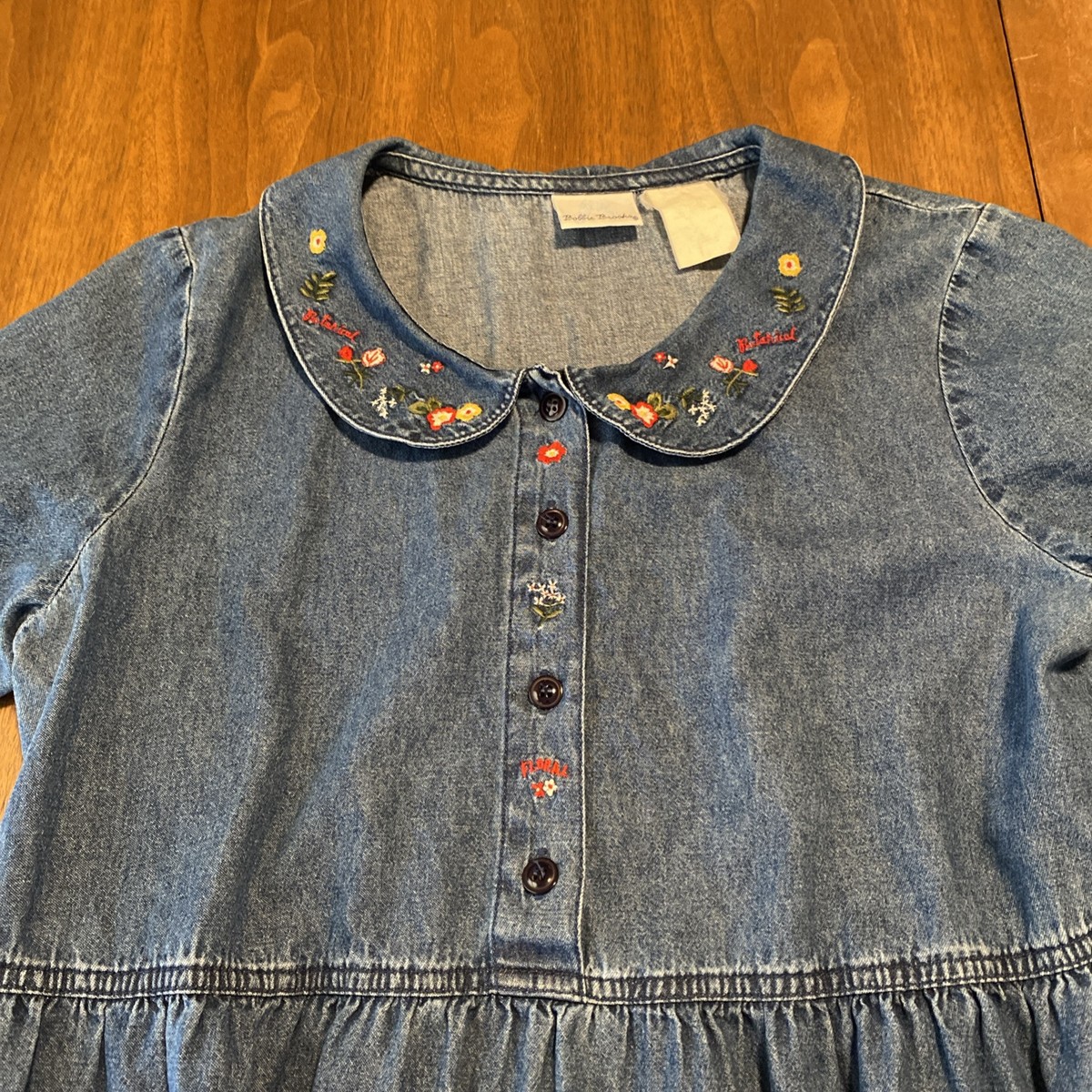 bobbie brooks denim dress Bobbie Brooks Denim Dress Women's S 4/6 Cottagecore Embroidered Short  Sleeve