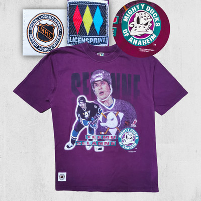 Vintage 90s Teemu Selänne Mighty Ducks T-Shirt NHL Licensprint Purple Gr. M Rare
