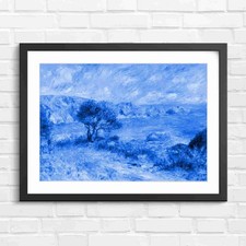 Impressionist Coastal Landscape with Trees Blue Framed Wall Art Print Large
