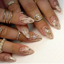 3D Nude Press on Nails Medium Almond with Bohemian Design, Nude Nail + Gold S...