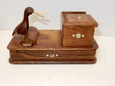 VINTAGE ROSEWOOD FOLK ART HAND MADE BIRD ASSISTED CIGARETTE DISPENSER W/ INLAY