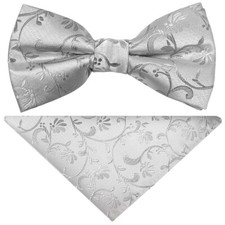 PreTied Silver Floral Boys Bow Tie and Pocket Square Set Wedding Christening Tie
