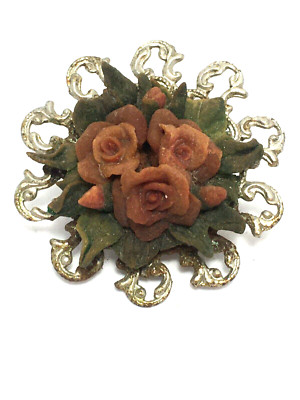Handcrafted rose brooch vintage folk art pin delicate floral roses