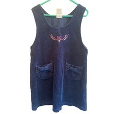 Girls Vintage Blue Corduroy Dress Jumper Heart And Floral Bow Pockets Size 6 90s
