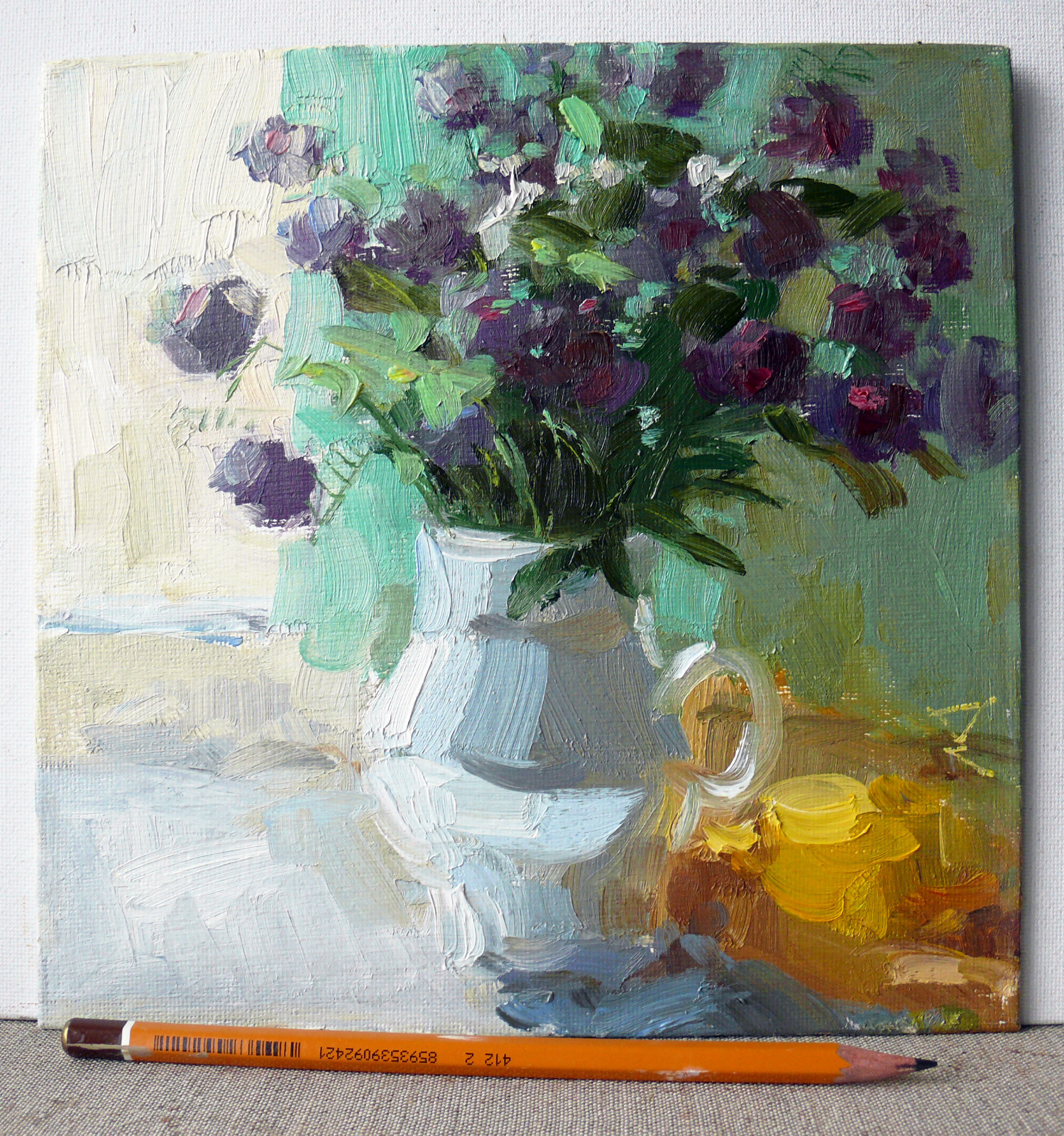 Oil Painting Original Still Life Floral Clover Flowers Fruit Signed Art 8"x8"