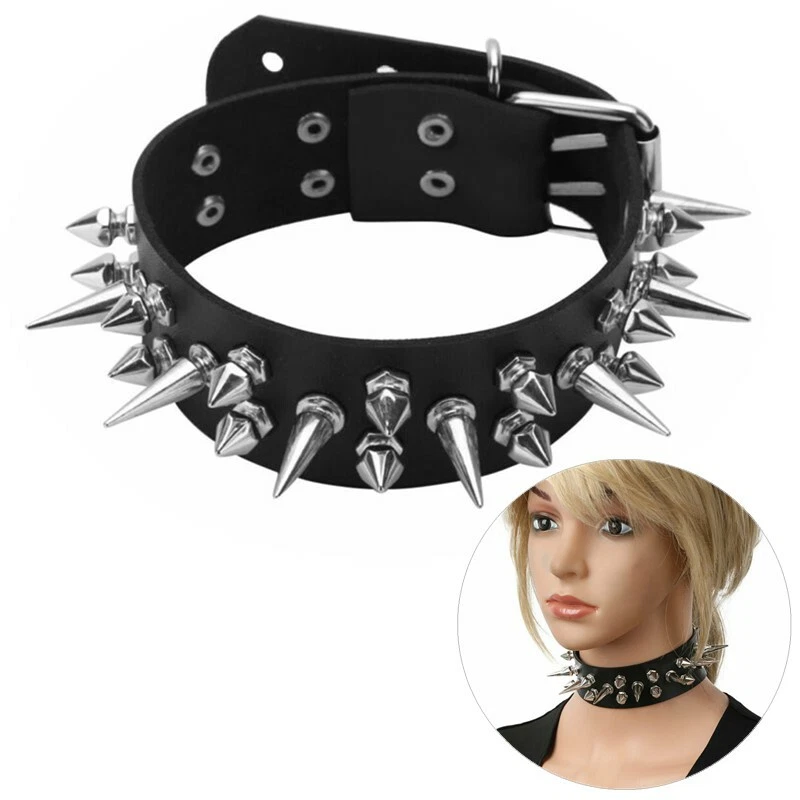 1Pc Emo Spike Choker Punk Collar Female Women Men Black Leather Studde