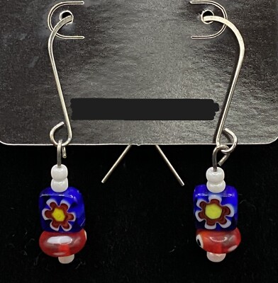 Handmade Blue & Red Millefiori Bead with White Bead Earrings by Neanie-Bot