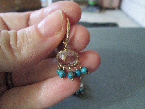 14K Yellow Gold Turquoise & Citrine Dangle Earrings 4.1g - Picture 3 of 3