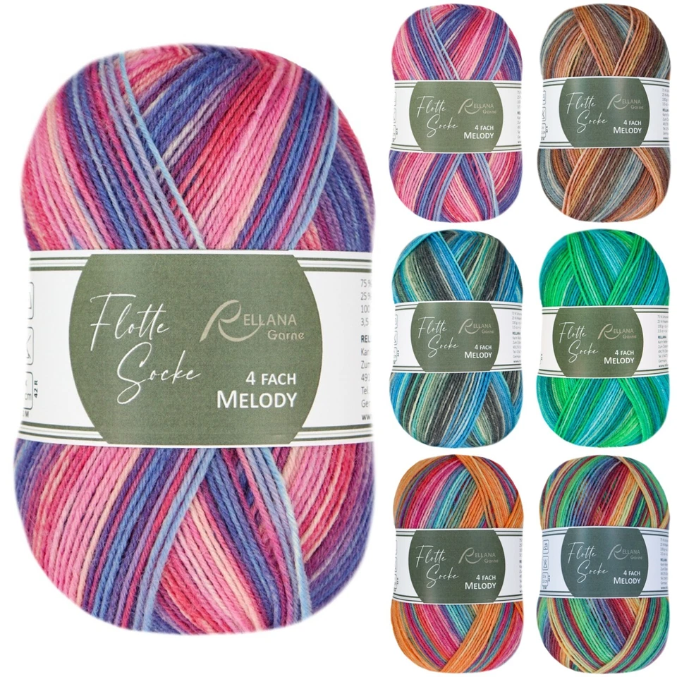 100g Rellana Flotte Socke Melody 4-fach 4-fädig Sockenwolle Garn (69,50€/kg)